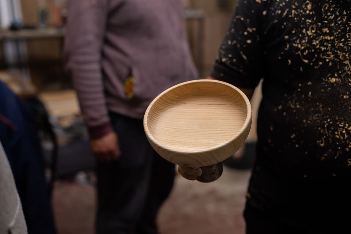 Wooden objects arranged in a workshop